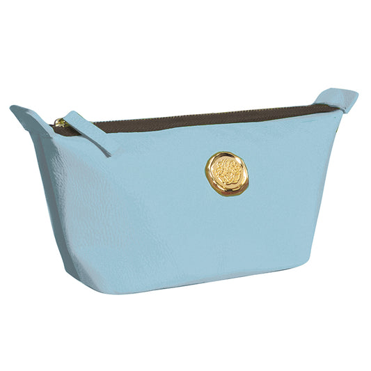 a light blue purse with a gold emblem on the front.