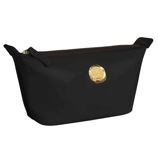 An Onyx Black Small Cosmetic Bag with a gold coin on it.