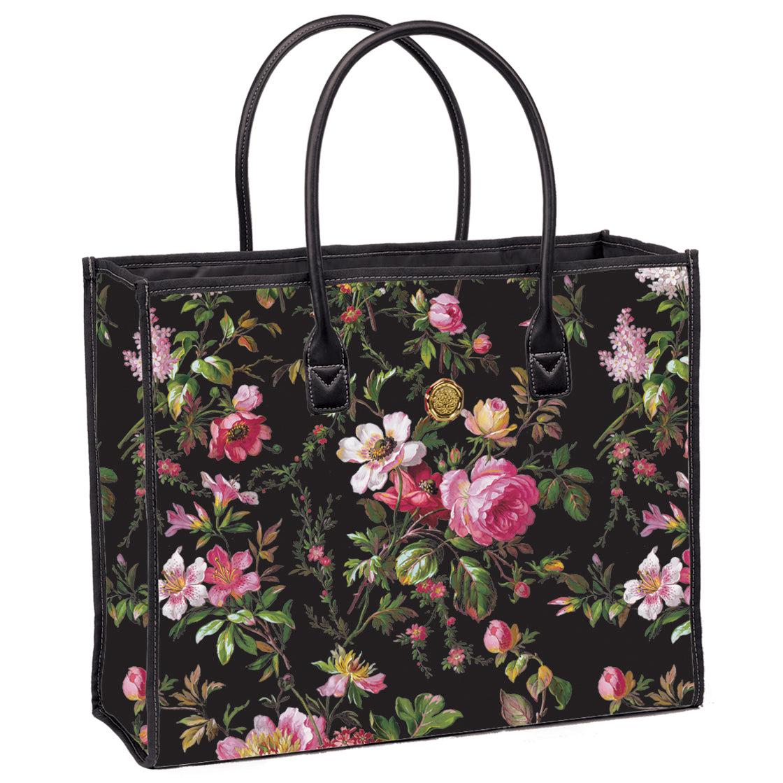 a black floral bag with pink and yellow flowers on it.