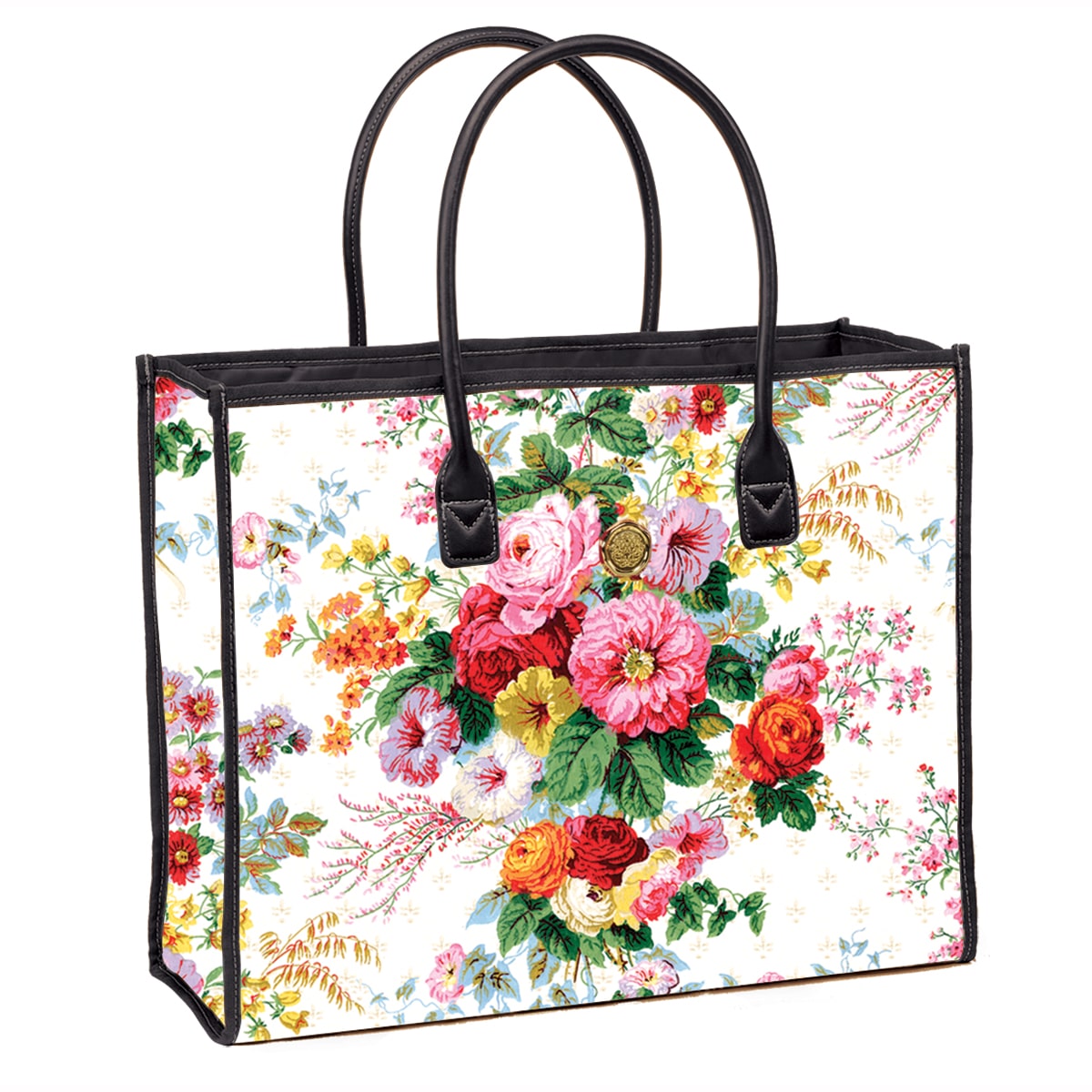 An Annalise Tote Bag with flowers on it.