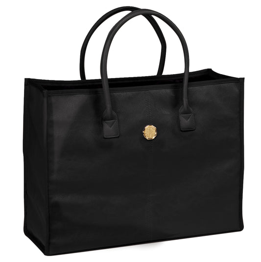 a black bag with a gold emblem on it.