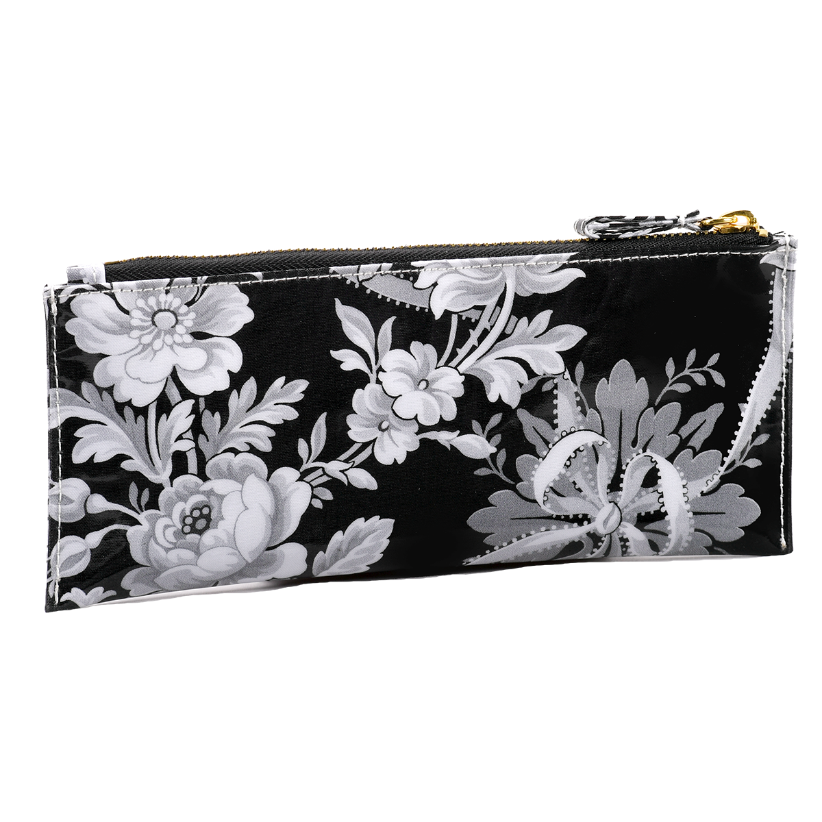 a black and white floral print purse.