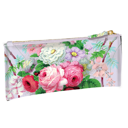 A clear Lillian Pencil Case with pink and white flowers on it.
