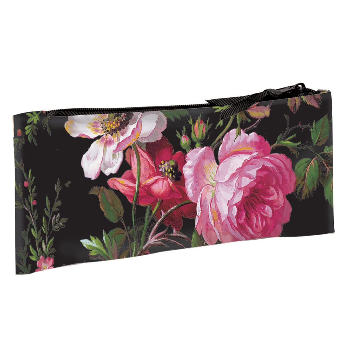 a black floral bag with pink flowers on it.