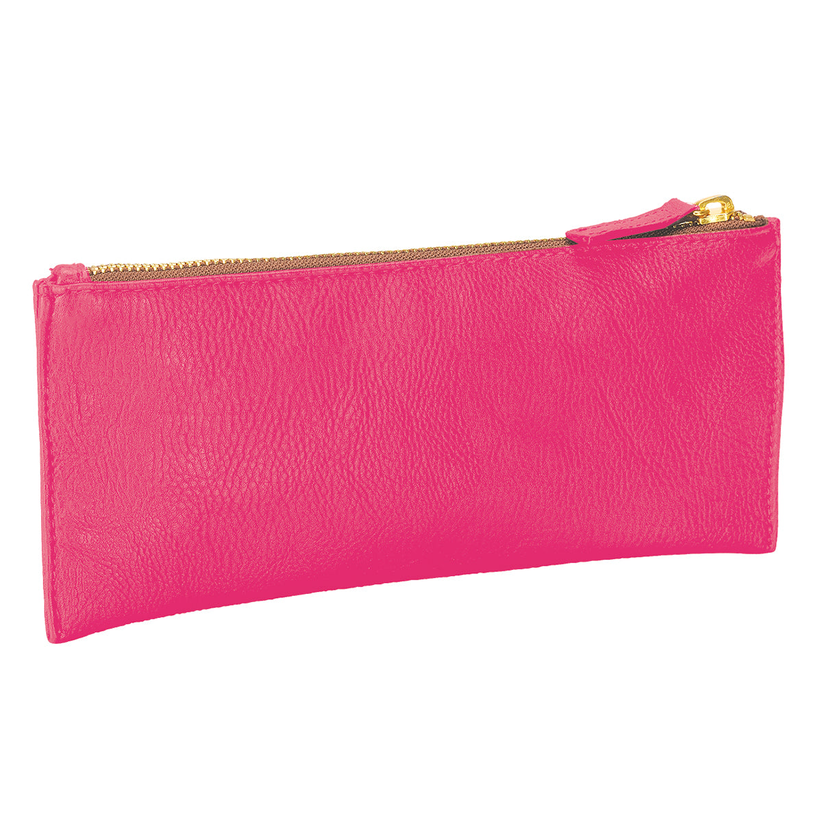 a pink leather pouch with a zipper.