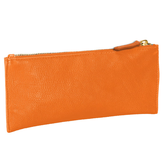 an orange leather pouch with a gold zipper.