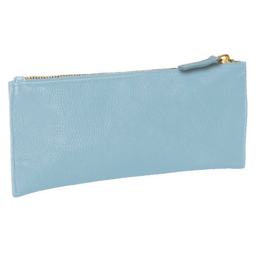 a light blue leather pouch with a gold zipper.