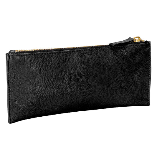 a black leather pouch with a zipper.