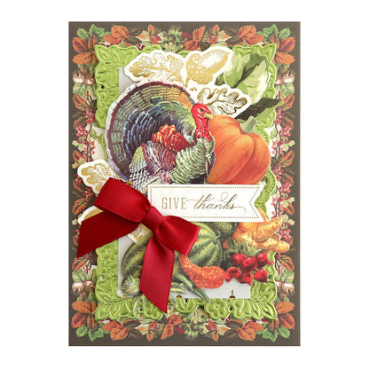 A thanksgiving card with a turkey and a Falloween Perfect Bow.