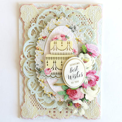 a close up of a card with a doily.
