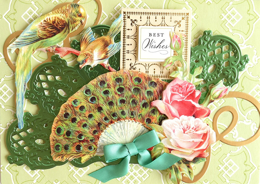 a card with a peacock and flowers on it.