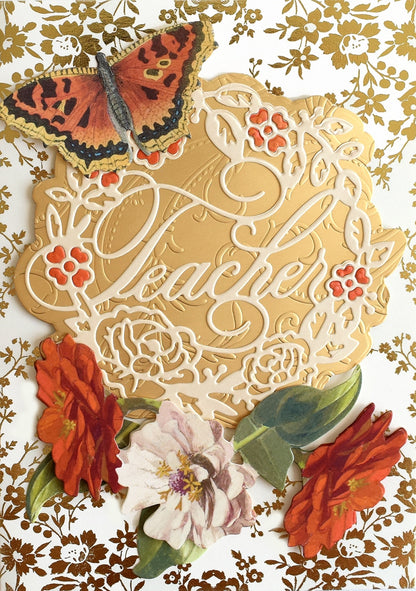 a card with a butterfly and flowers on it.