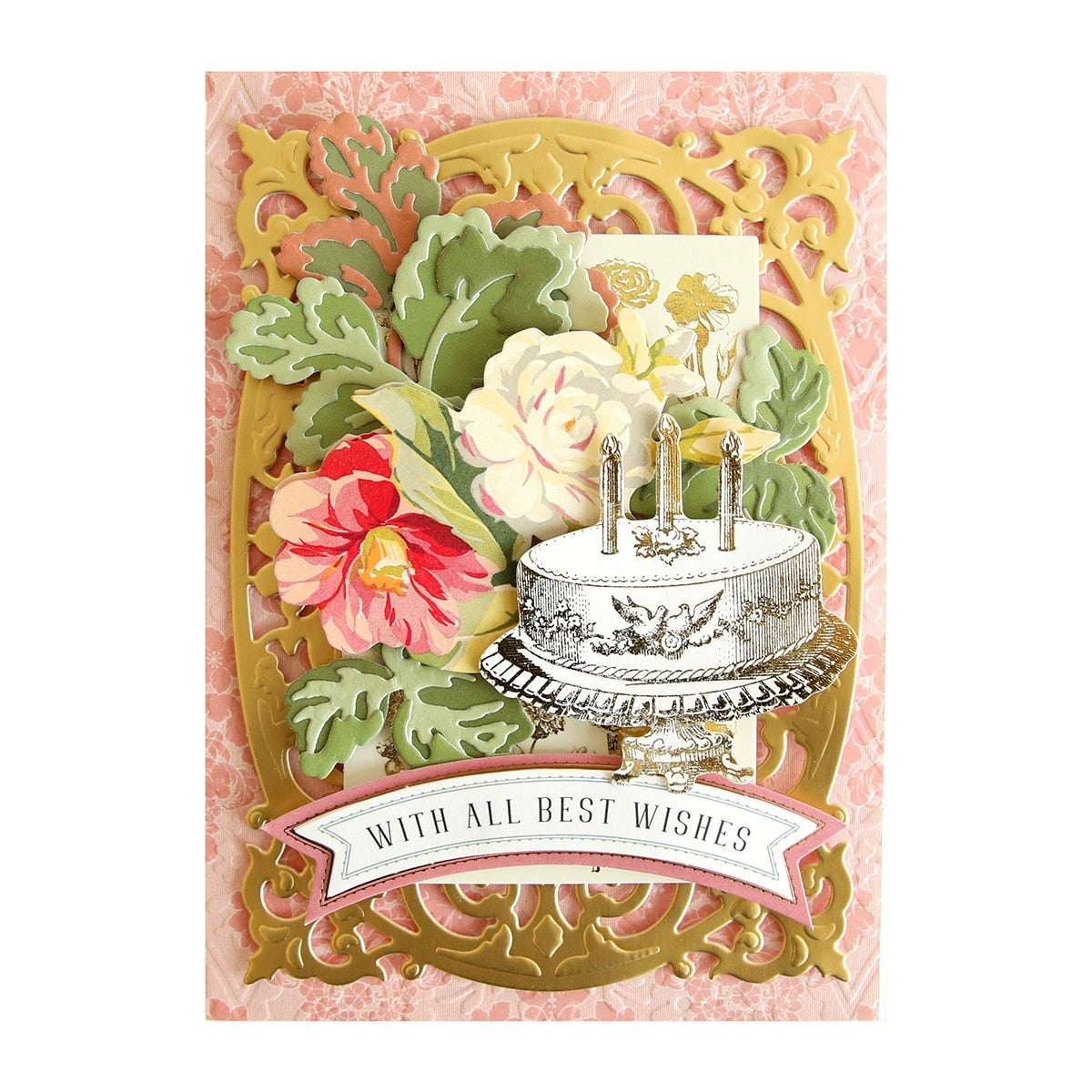 a card with a cake and flowers on it.