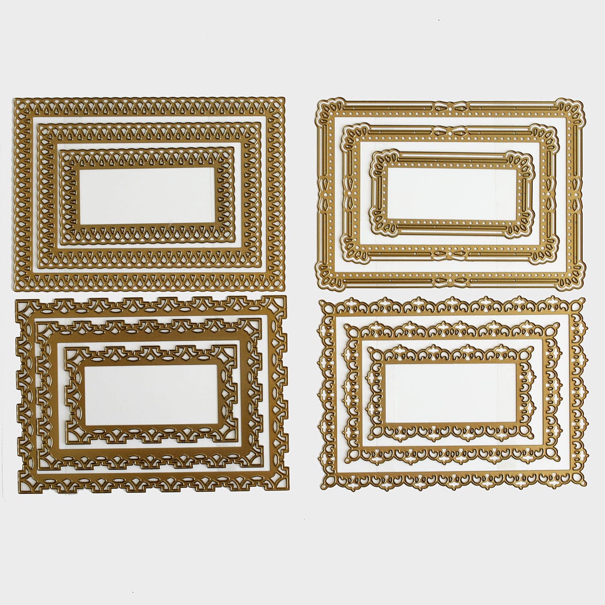 a set of four gold frames on a white background.