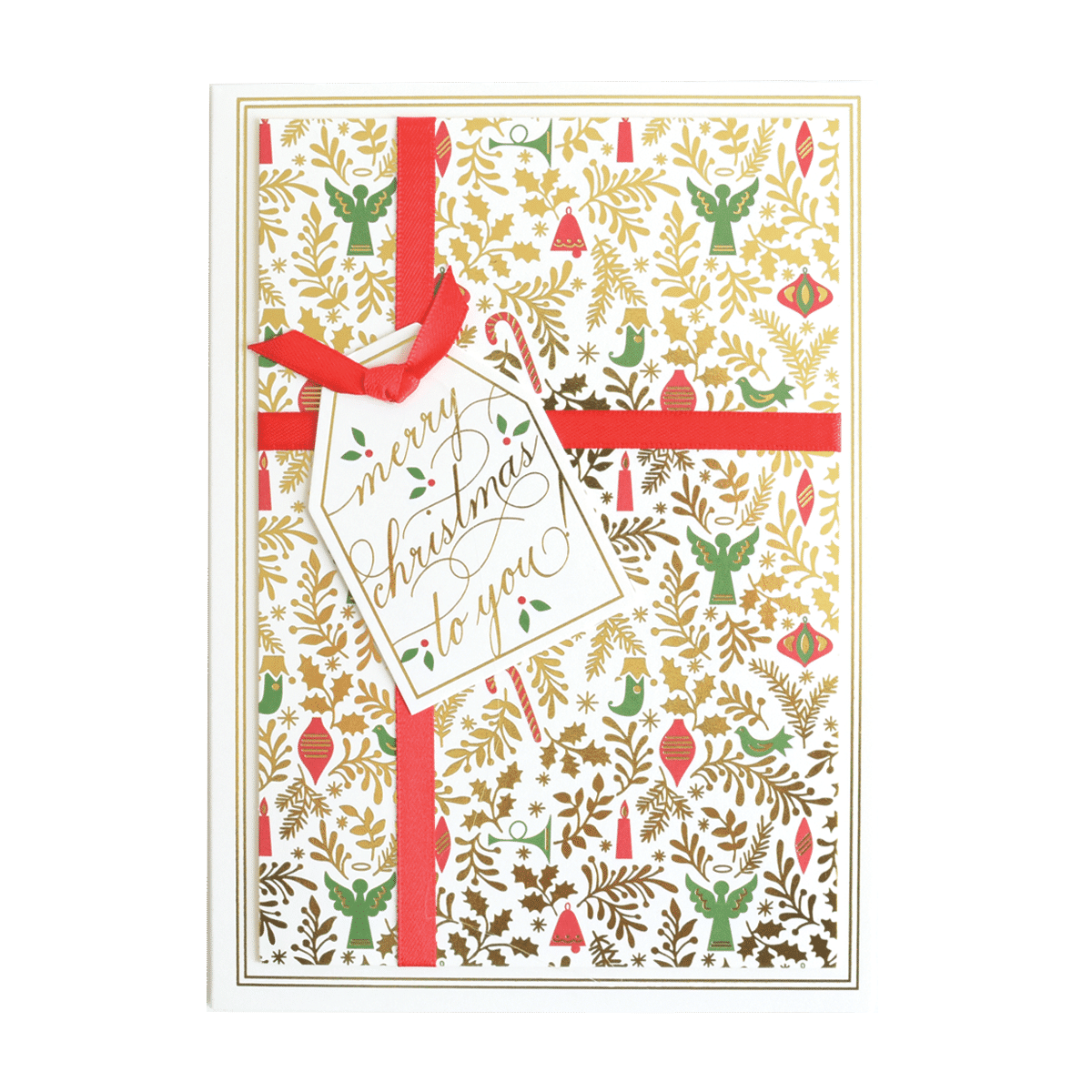 a christmas card with a red ribbon on it.