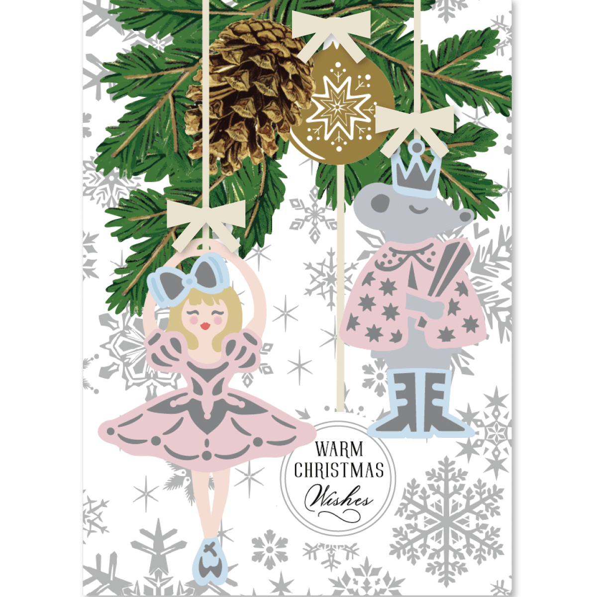 a christmas card with a nutcracker and a ballerina.
