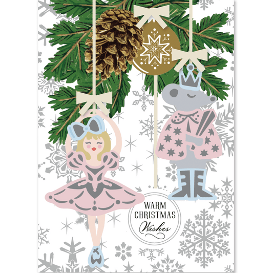 a christmas card with a nutcracker and a ballerina.