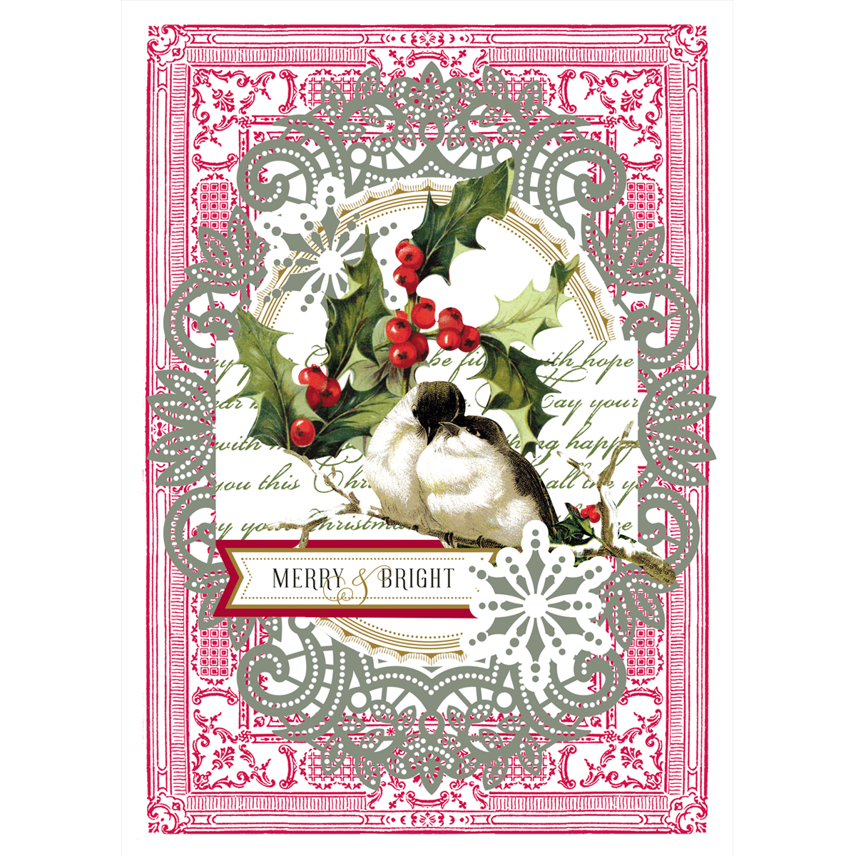 a christmas card with a bird and holly.