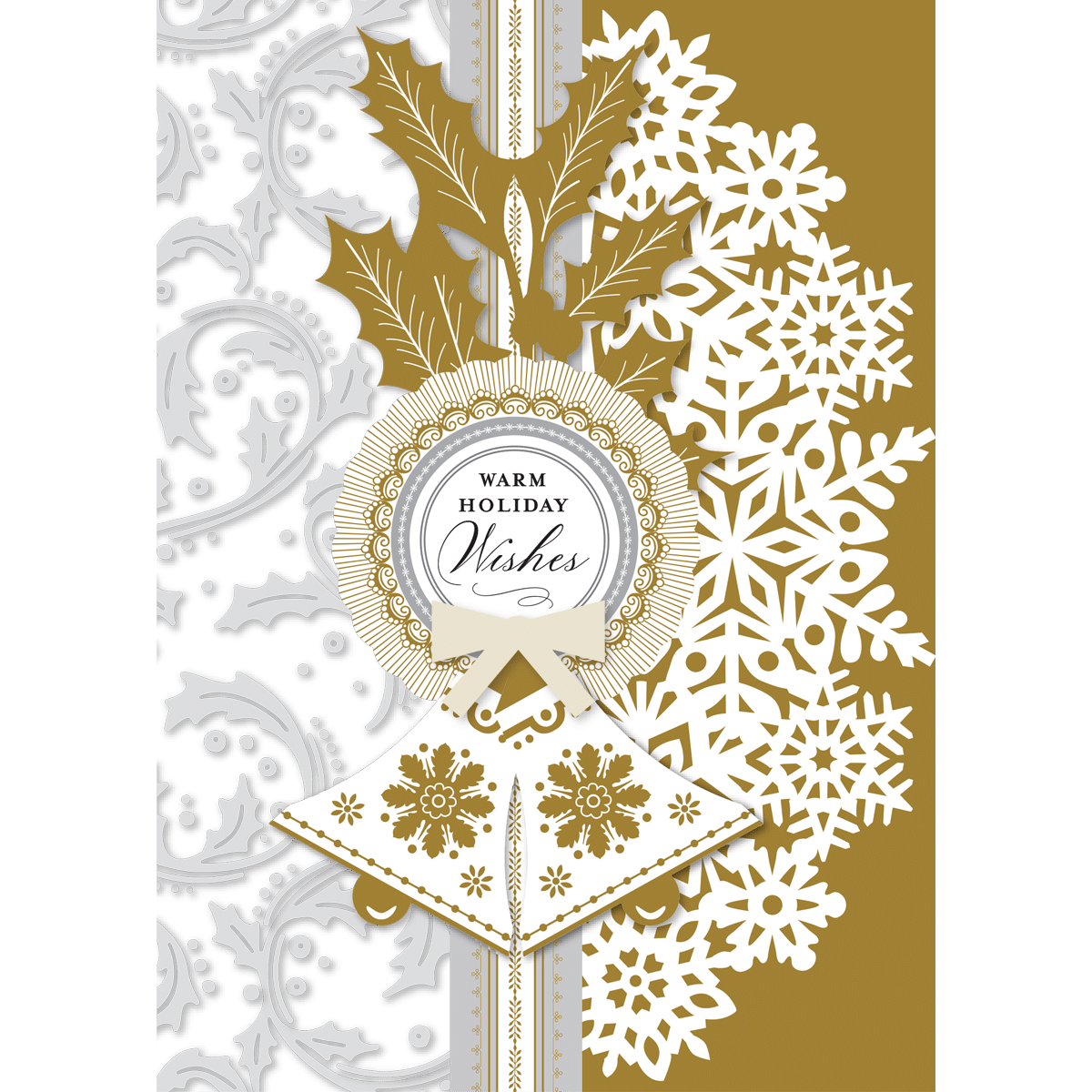 a holiday card with snowflakes and a ribbon.