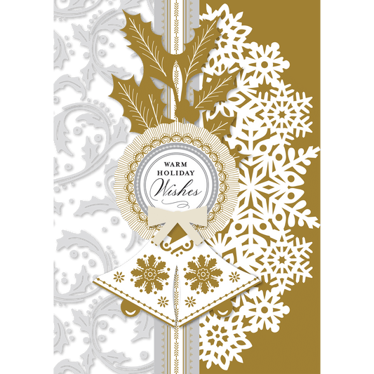 a holiday card with snowflakes and a ribbon.