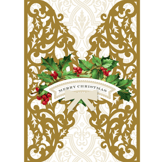 a christmas card with holly and ribbon.