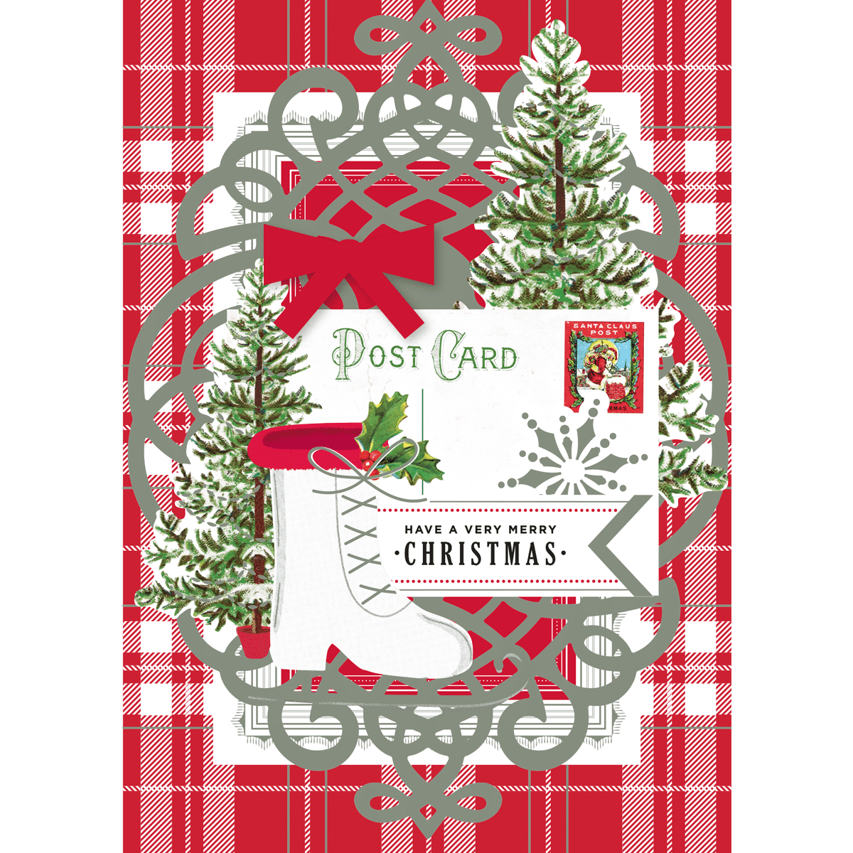 a christmas card with a red plaid background.