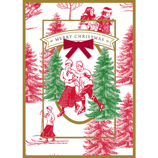 a christmas card with an image of two people on a horse.