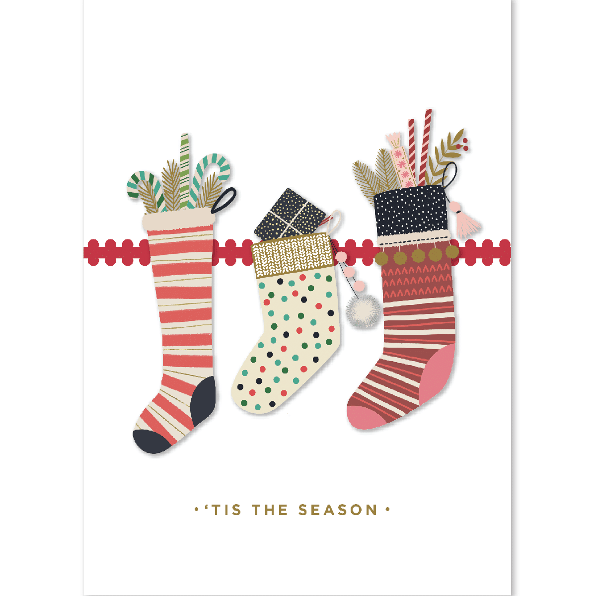 three christmas stockings hanging on a line with the words tis the season.