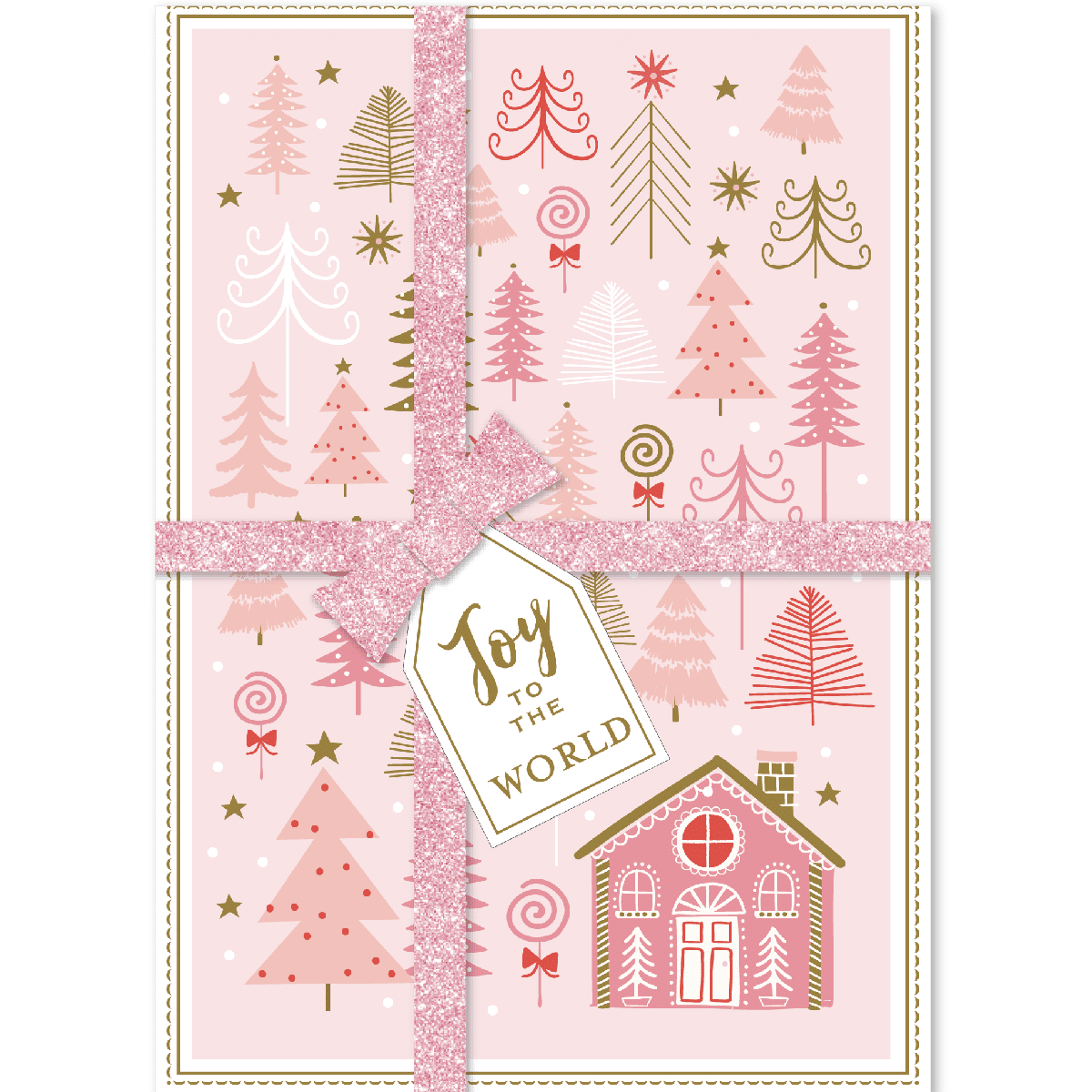 a pink christmas card with a gift tag.