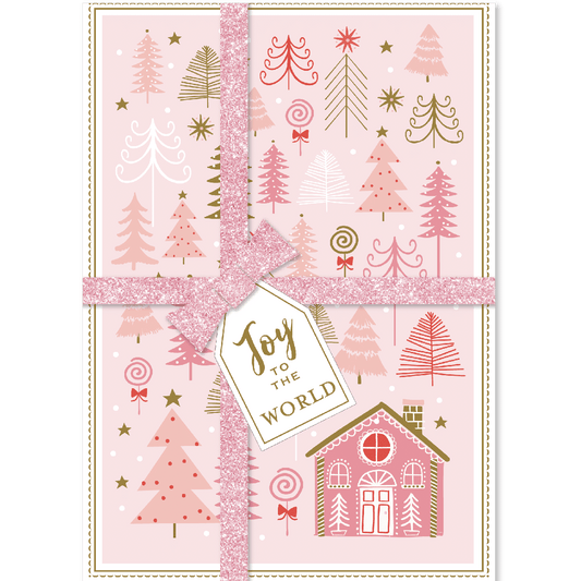 a pink christmas card with a gift tag.
