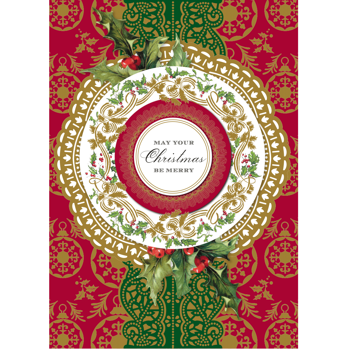 a red and green christmas card with a gold border.