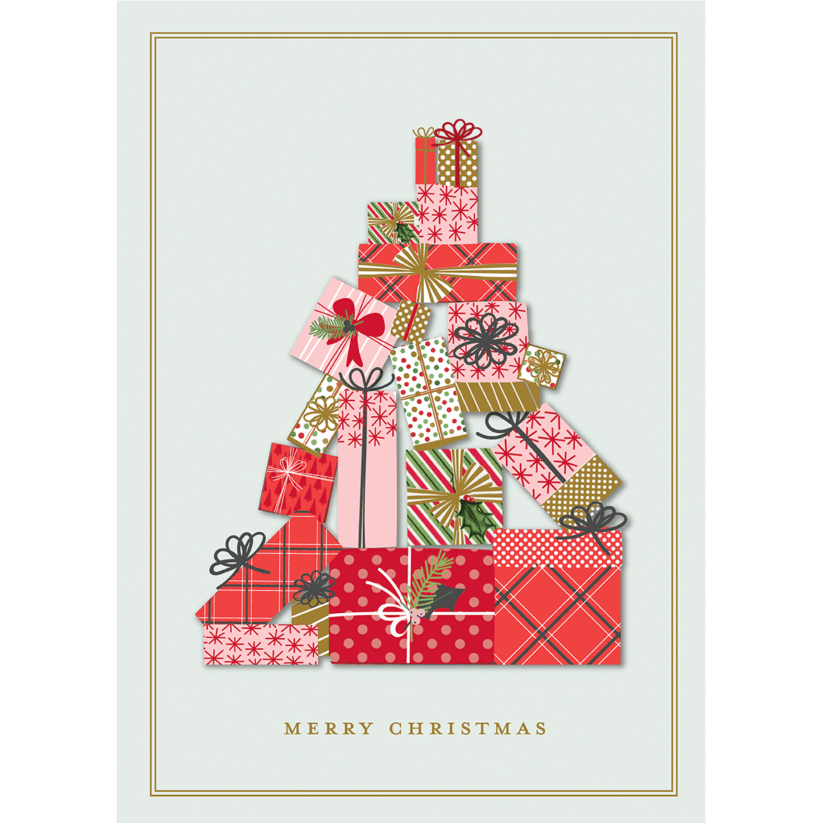 a christmas card with presents in the shape of a christmas tree.