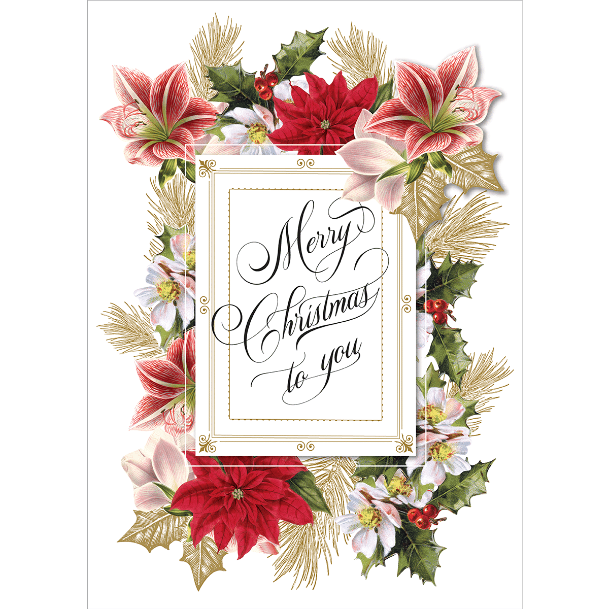 a christmas card with poins and holly.