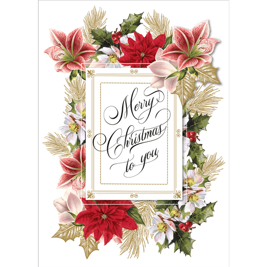 a christmas card with poins and holly.