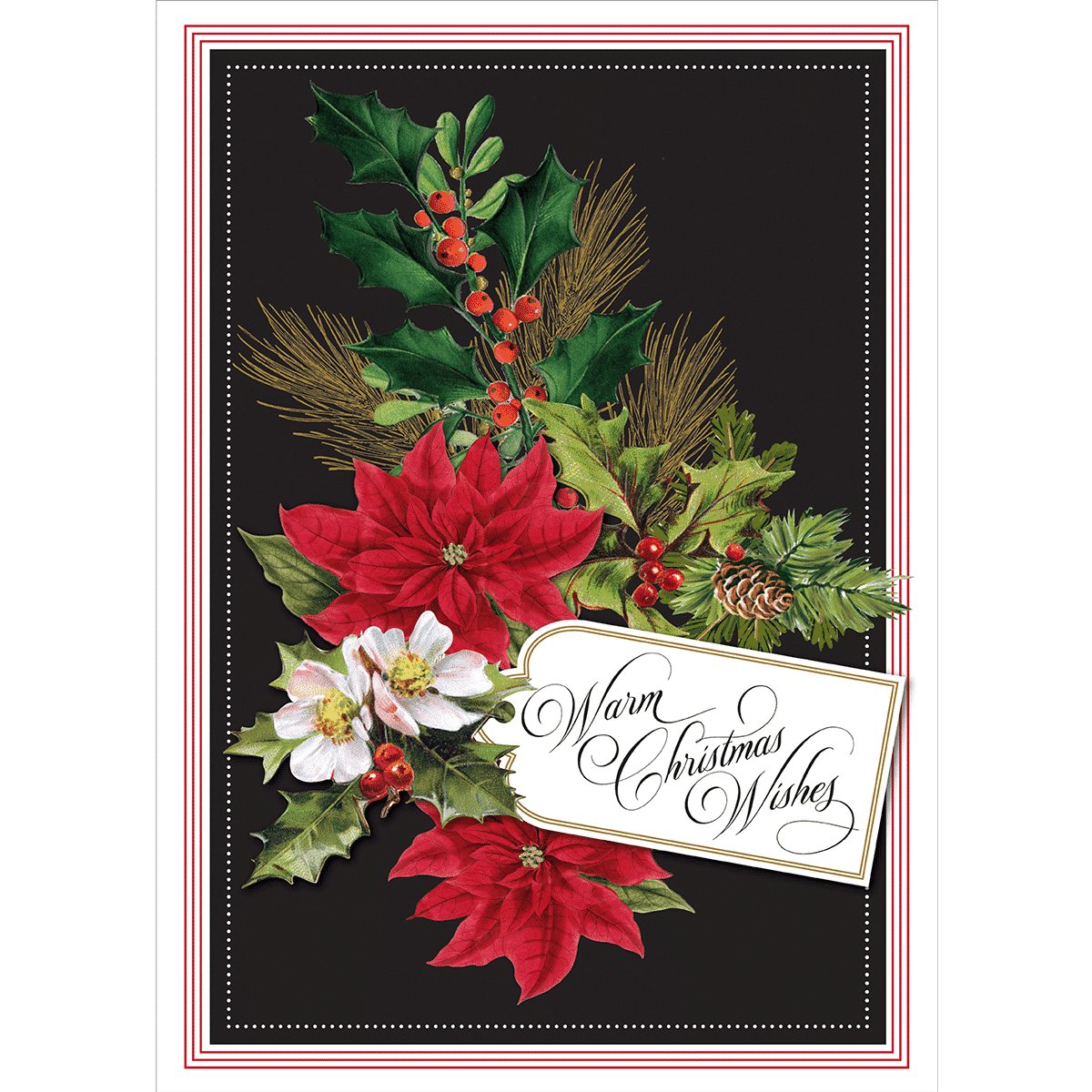 a christmas card with poins and holly.