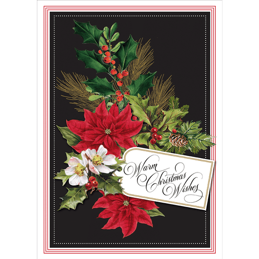 a christmas card with poins and holly.