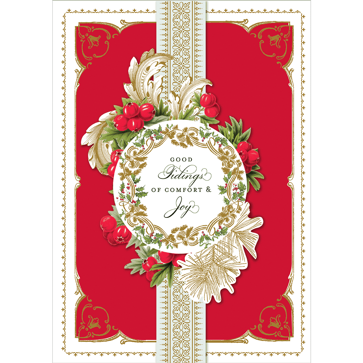 a red and white christmas card with a wreath.