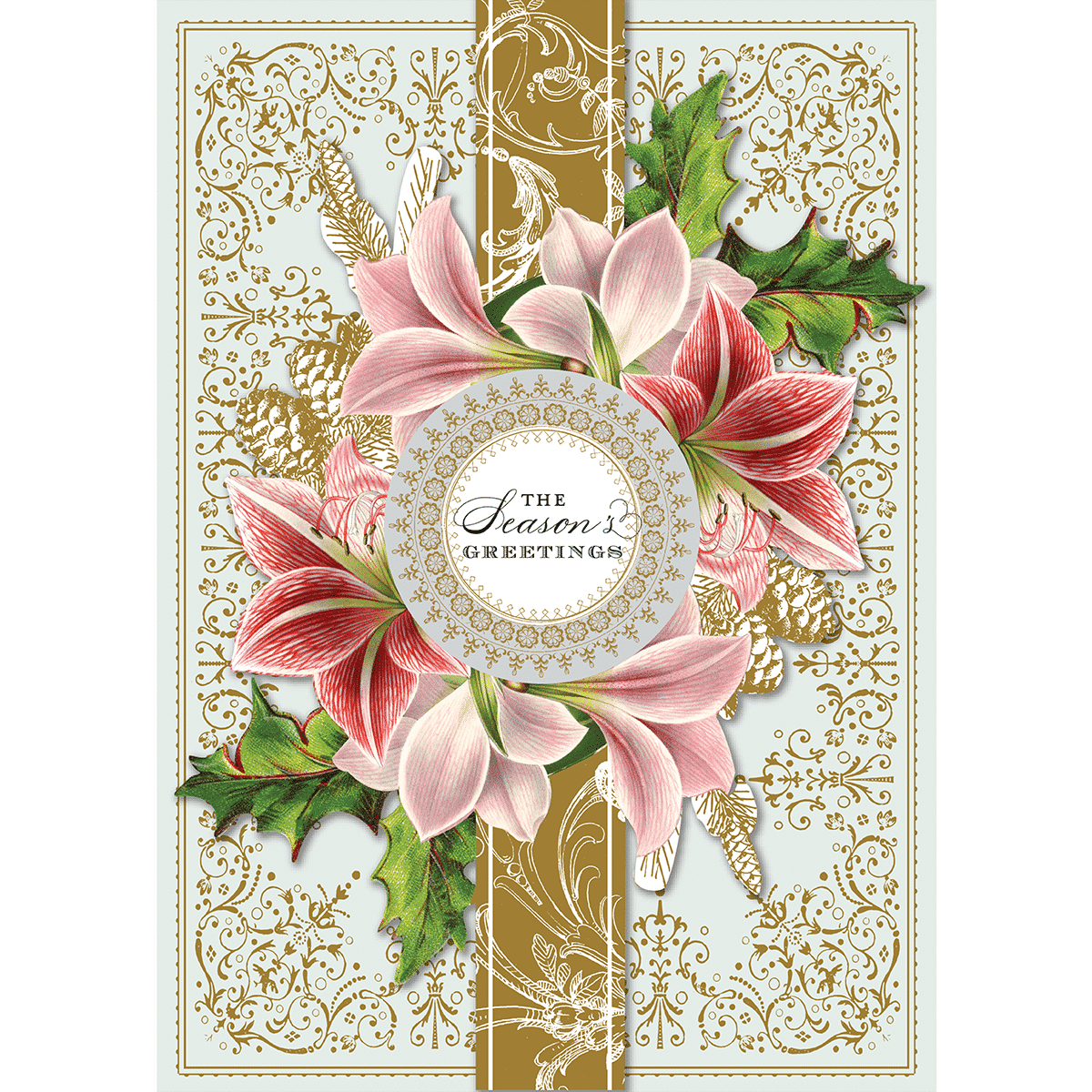 a card with pink flowers and green leaves.