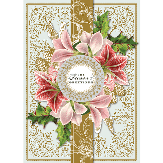 a card with pink flowers and green leaves.