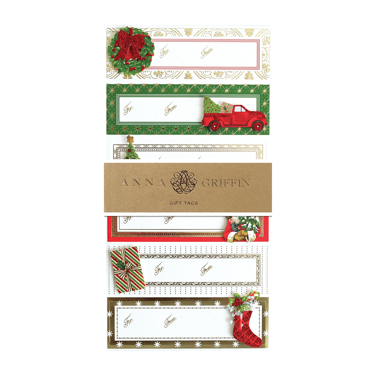 a set of three christmas gift tags with a red car.