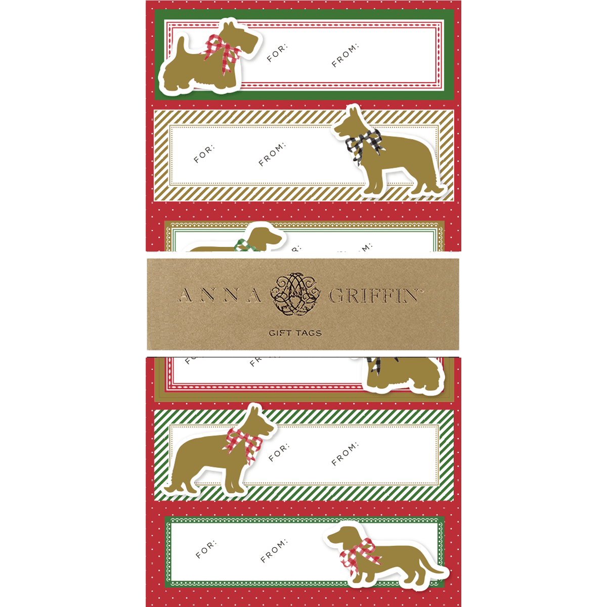a set of three christmas gift tags with dogs on them.