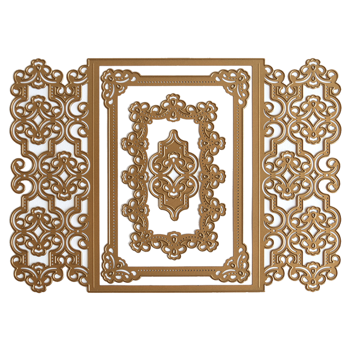 a gold and white ornamental design on a green background.