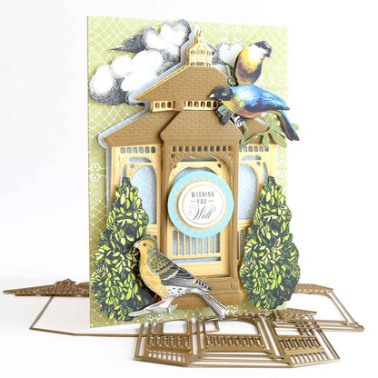 a card with a bird and a clock on it.