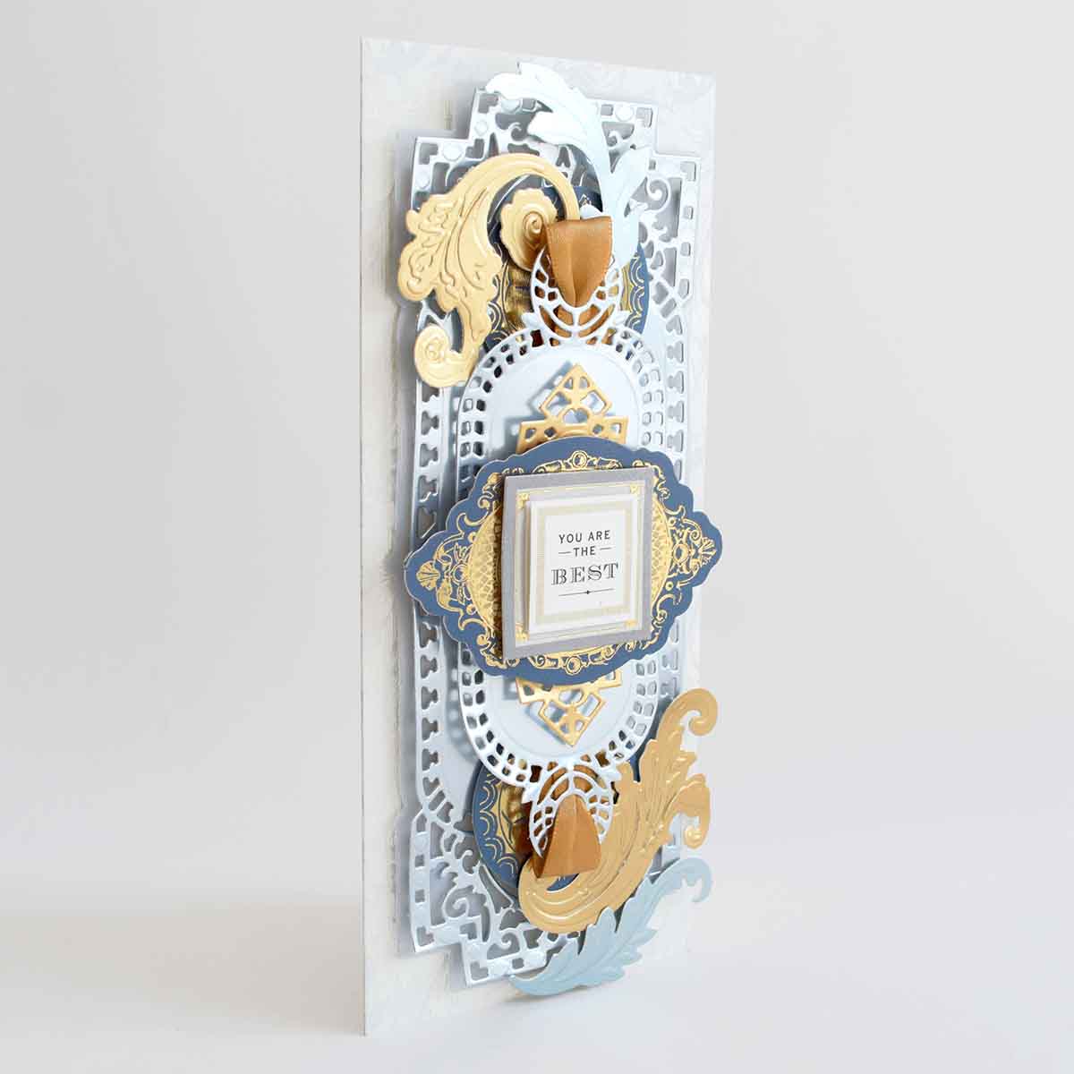 a white card with a blue and gold design.