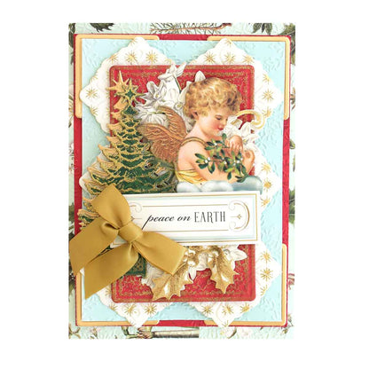 a christmas card with a gold bow on it.