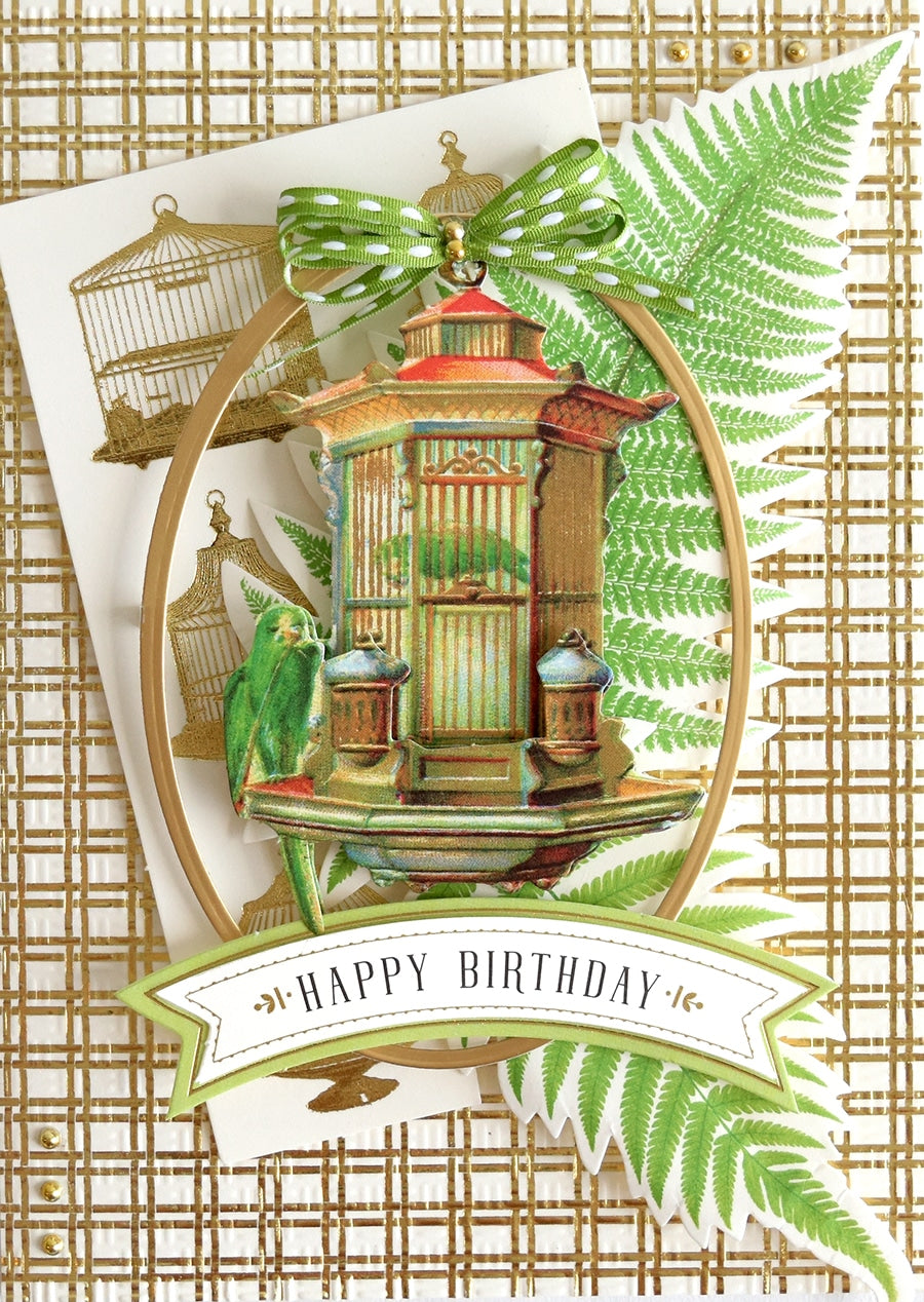 a card with a bird and a birdcage on it.