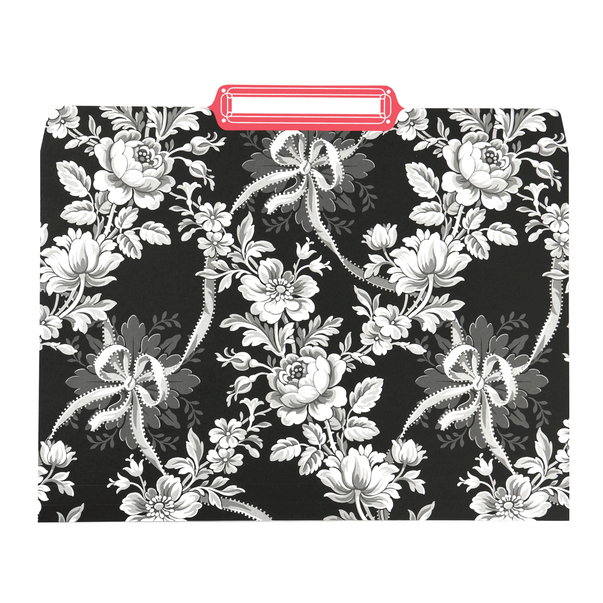 a black and white floral pattern with a red handle.