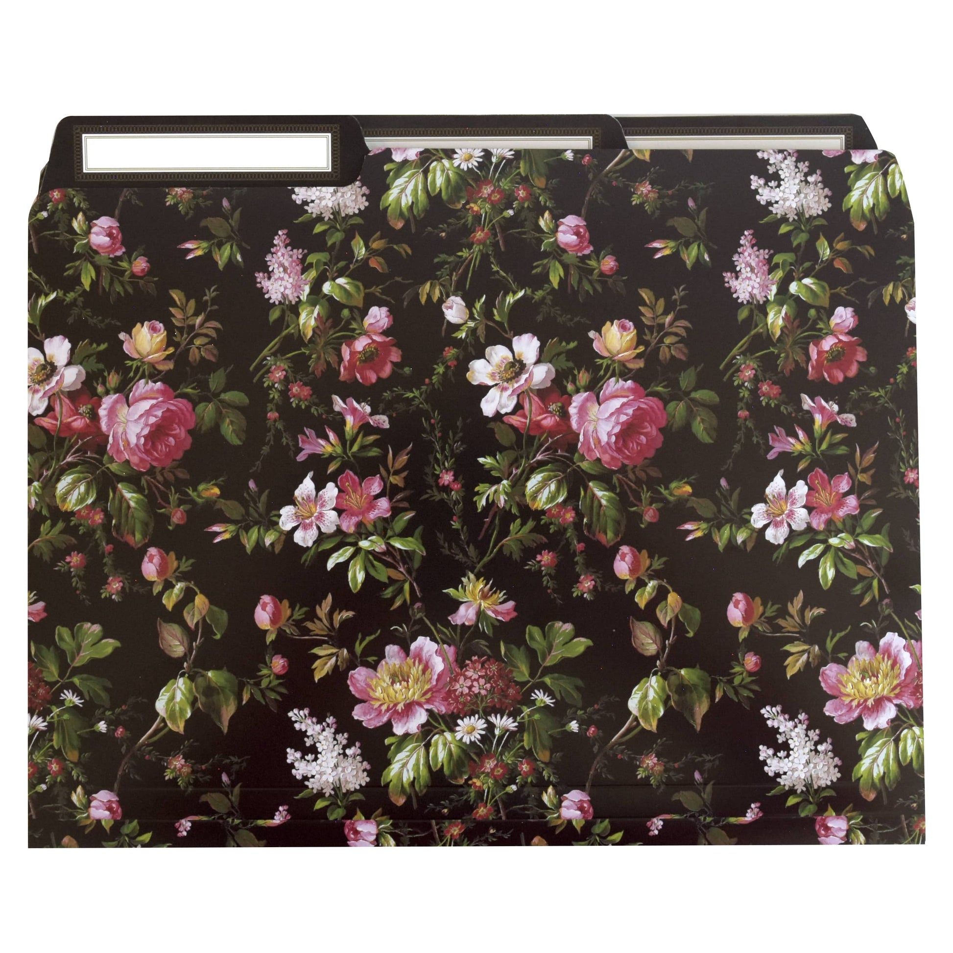a black floral wallpaper with pink and white flowers.