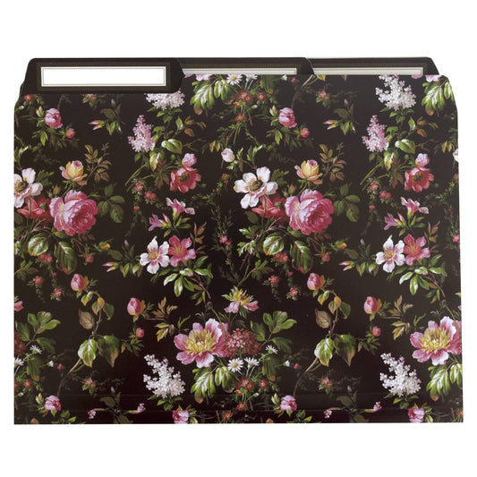a black floral wallpaper with pink and white flowers.
