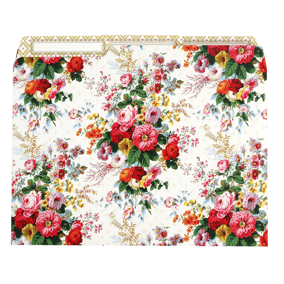 a floral print placemat with a gold border.